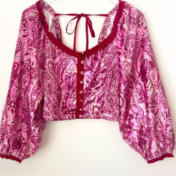 Free People Dare Me Velvet Smocked Blouse In Retro Combo. NWT! Sz S - Picture 6 of 12